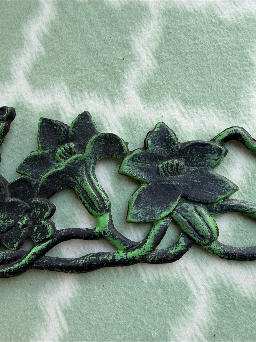 Vintage Cast Iron Floral Plant Bracket Wall Hook - Green and Black